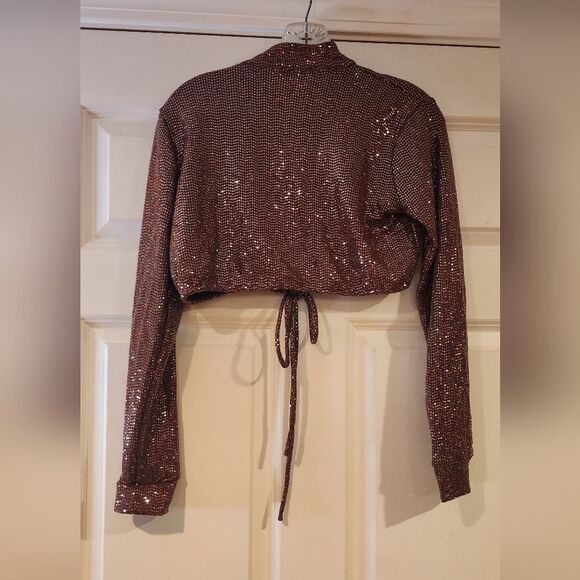 Itzy brown sequin sparkle cropped long sleeve top S - Picture 4 of 4